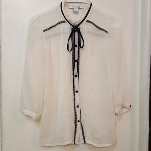 Forever 21 Cream Sheer Blouse with Black Trim and Tie